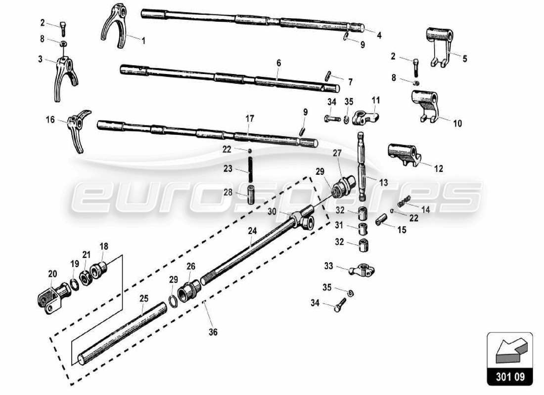 lamborghini miura p400s gearbox shifting rods and forks part diagram