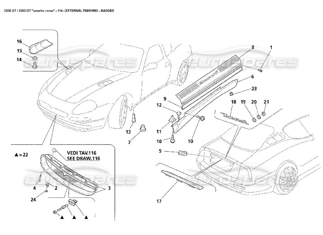 maserati 3200 gt/gta/assetto corsa external finishing: badges part diagram