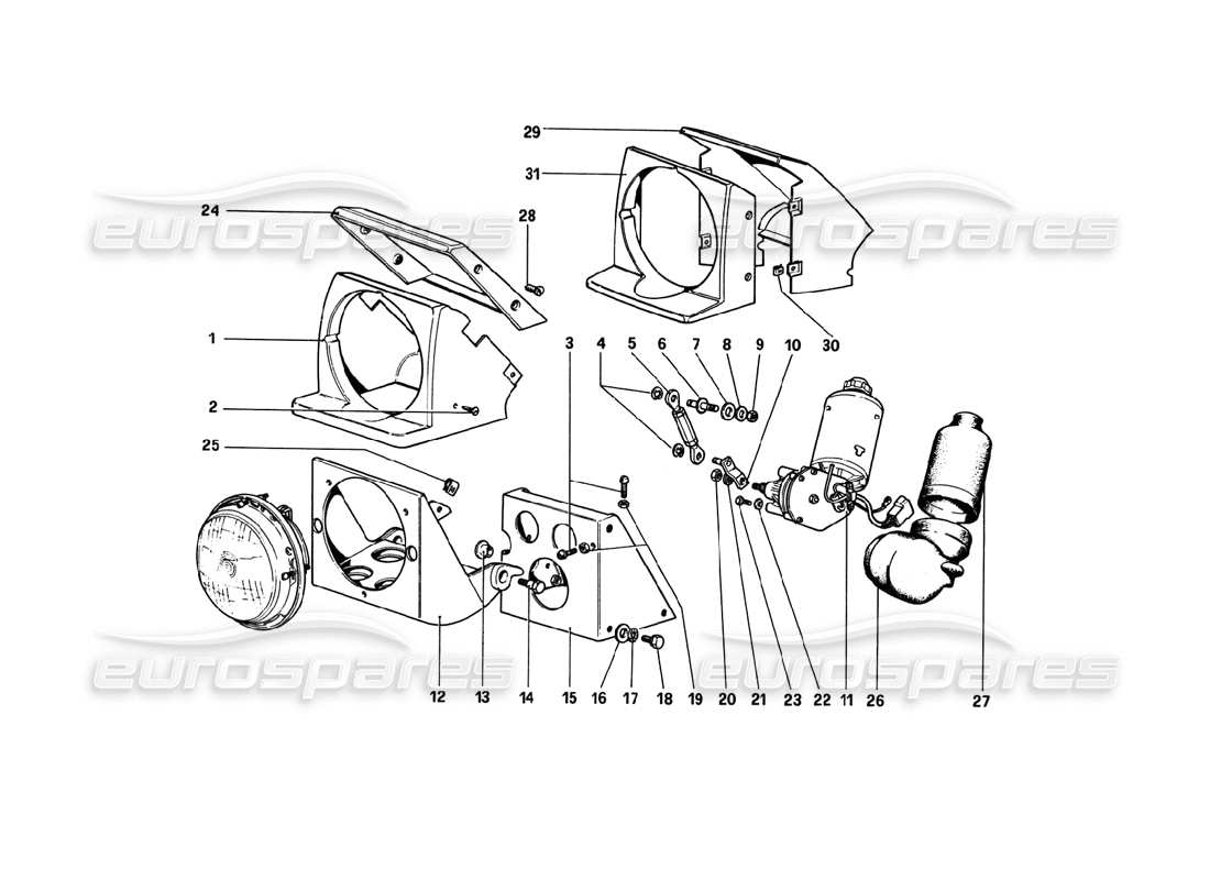 ferrari 308 gtb (1980) headlights lifting device (variants for rhd - aus versions) part diagram