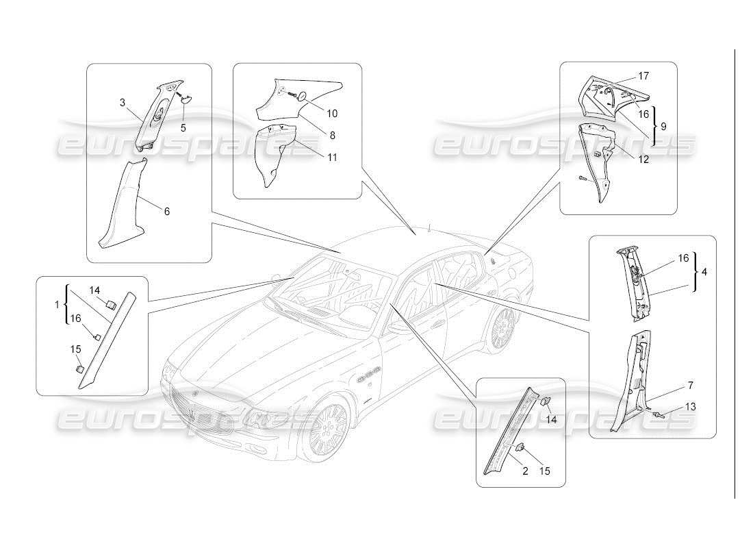 maserati qtp. (2007) 4.2 auto passenger compartment b pillar trim panels and side panels part diagram