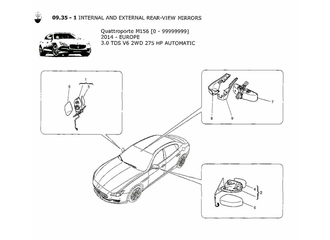 maserati qtp. v6 3.0 tds 275bhp 2014 internal and external rear-view mirrors part diagram