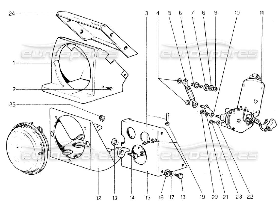 ferrari 308 gtb (1976) headlights lifting device (valid for rhd - aus versions) part diagram