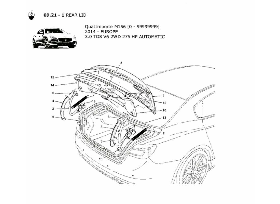 maserati qtp. v6 3.0 tds 275bhp 2014 rear lid part diagram