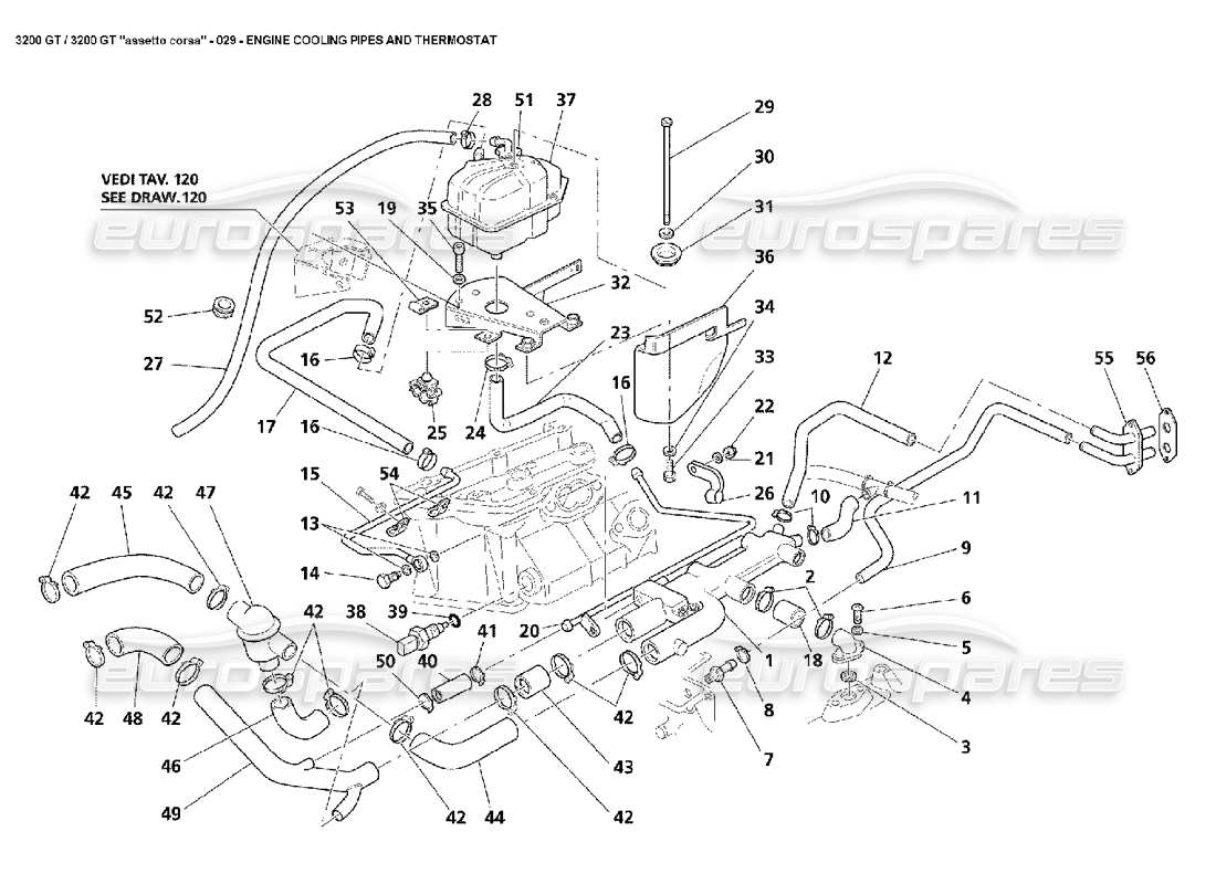 maserati 3200 gt/gta/assetto corsa engine cooling pipes & thermostat part diagram