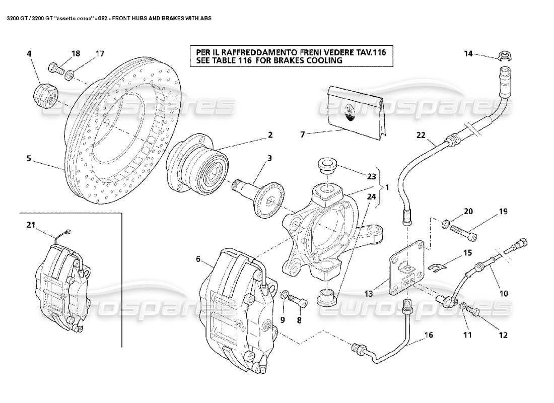 maserati 3200 gt/gta/assetto corsa front hubs & abs brakes part diagram