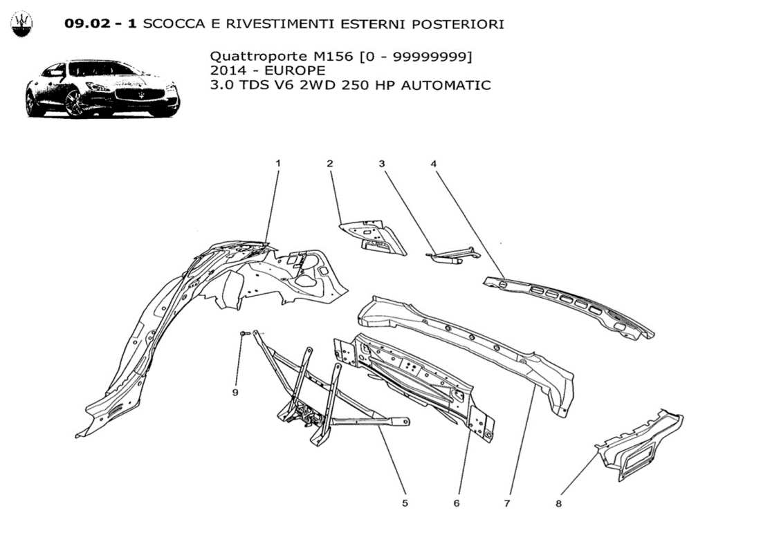 maserati qtp. v6 3.0 tds 250bhp 2014 bodywork and rear outer trim panels part diagram