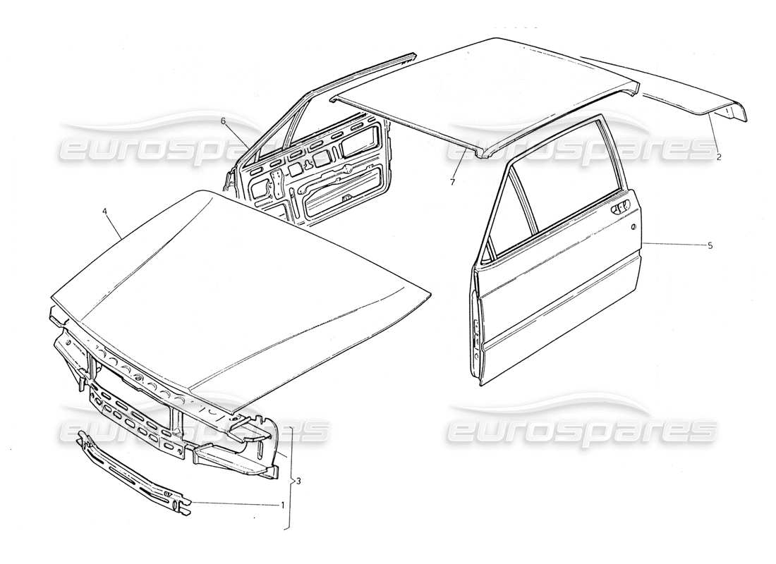 maserati 228 body shell: front panel, roof panel, doors and boot part diagram