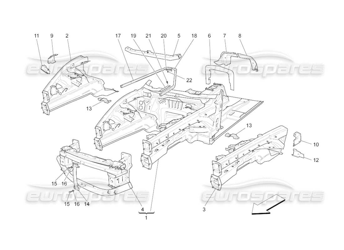 maserati grancabrio (2011) 4.7 front structural frames and sheet panels part diagram