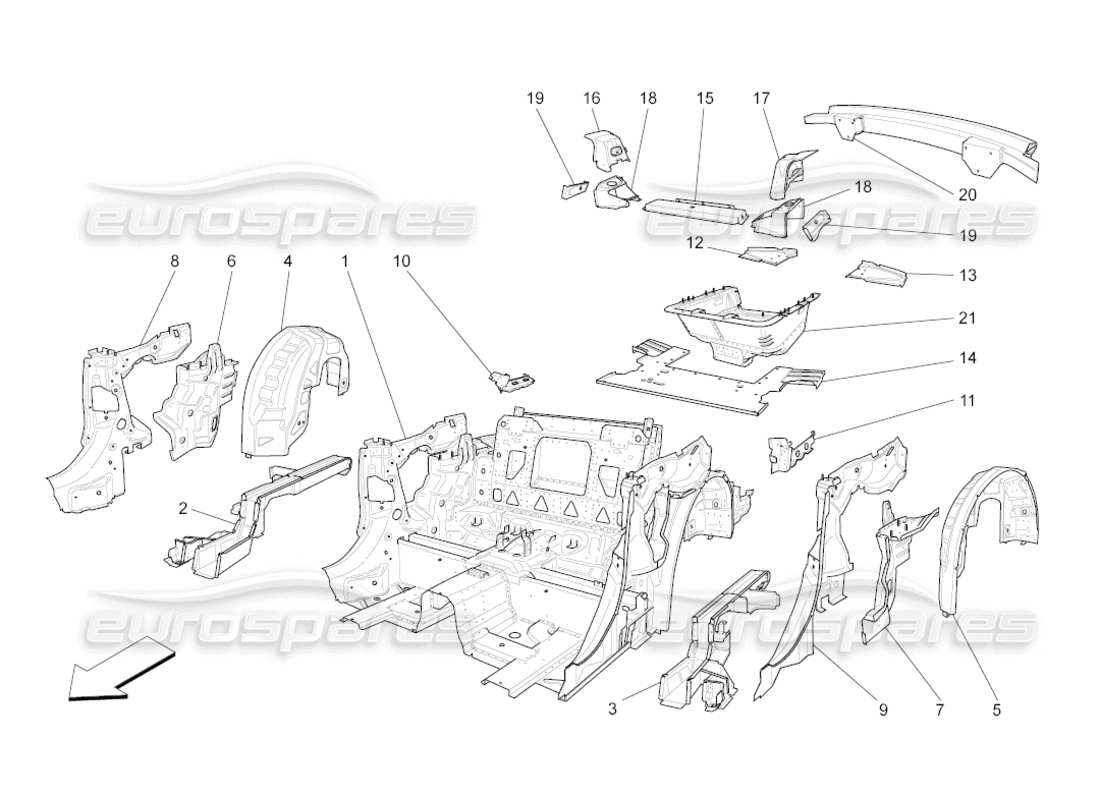 maserati grancabrio (2011) 4.7 rear structural frames and sheet panels part diagram