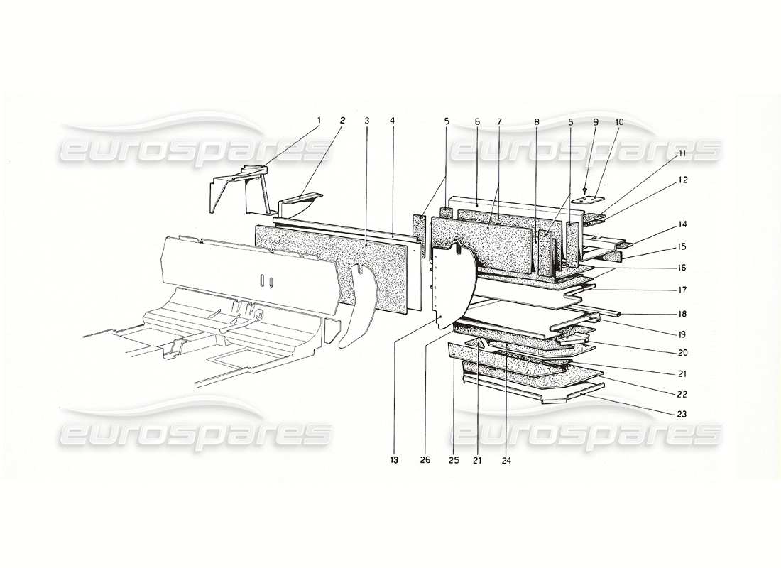 ferrari 308 gt4 dino (1976) body shell - inner elements (u.s.version) part diagram