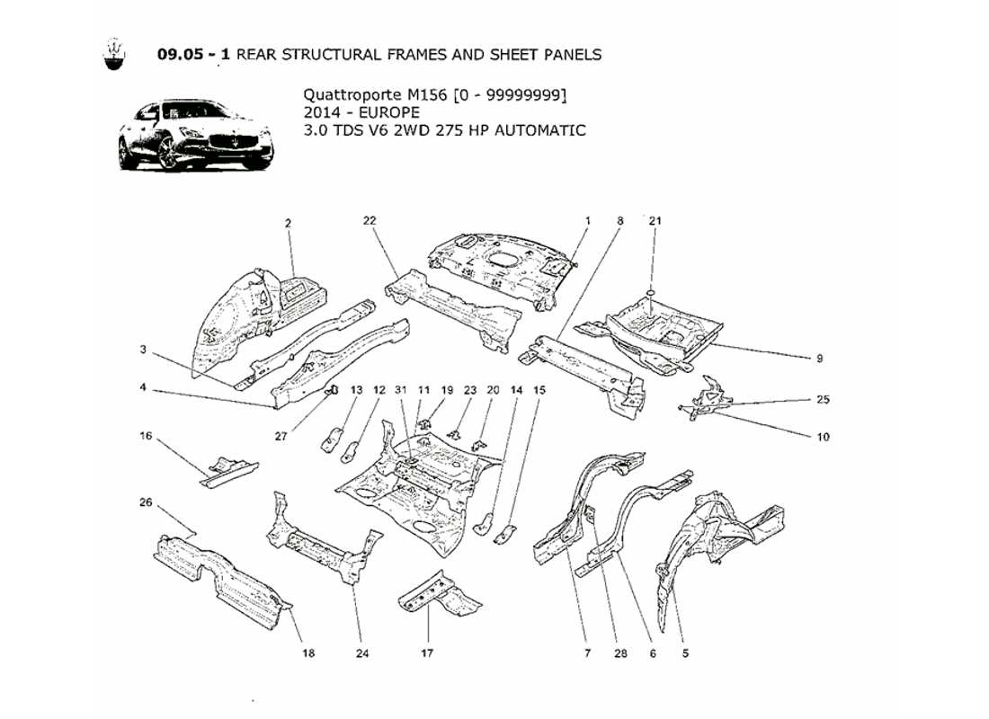 maserati qtp. v6 3.0 tds 275bhp 2014 rear structural frames and sheet panels part diagram