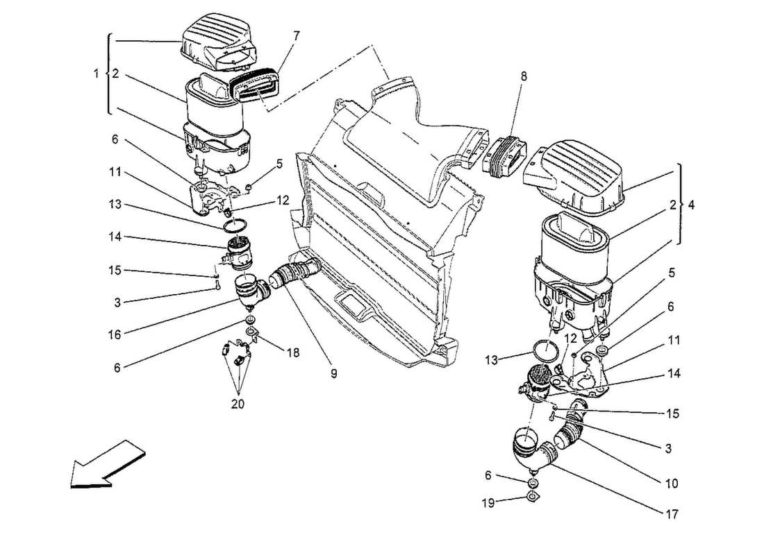 maserati qtp. v8 3.8 530bhp 2014 air filter, air intake and ducts part diagram