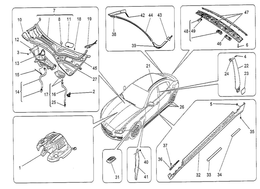 maserati qtp. v8 3.8 530bhp 2014 shields, trims and covering panels part diagram