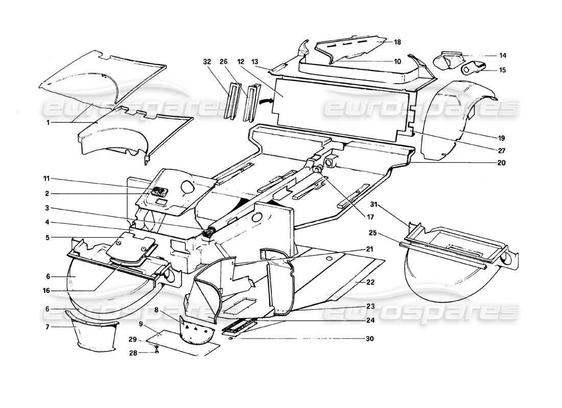 ferrari 308 gtb (1980) body shell - inner elements (variants for rhd - aus versions) part diagram