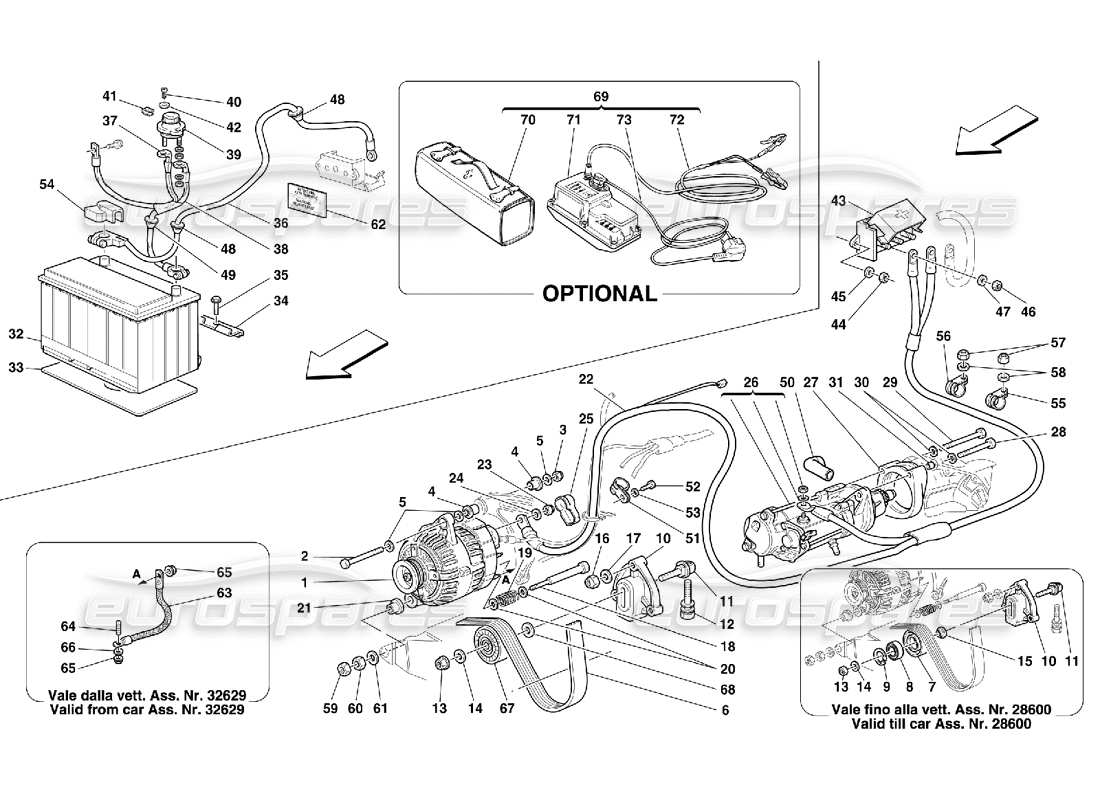 ferrari 355 (5.2 motronic) current generator - starting motor - battery part diagram