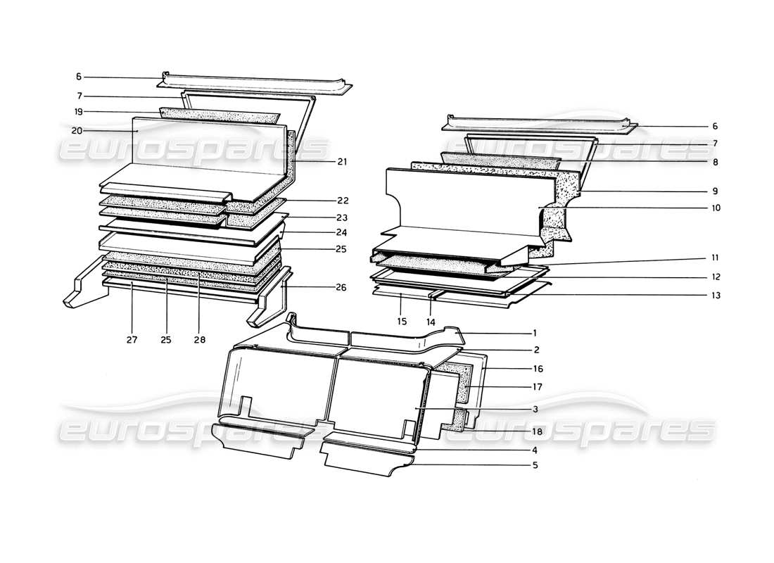 ferrari 308 gtb (1980) passenger and luggage compartments insulation (variants for rhd - aus versions) part diagram