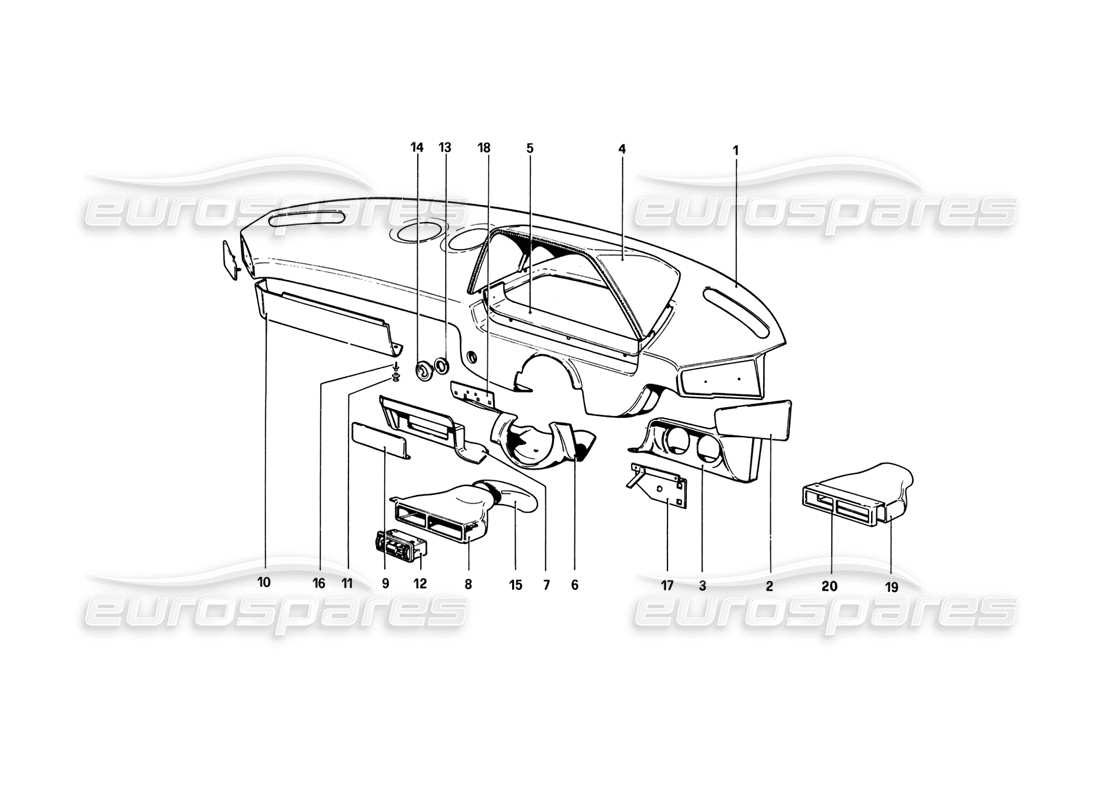 ferrari 308 gtb (1980) instrument panel (variants for rhd - aus versions) part diagram