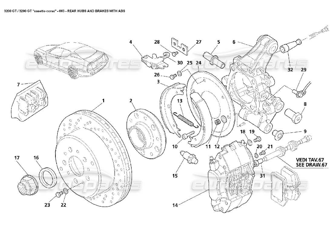 maserati 3200 gt/gta/assetto corsa rear hubs & abs brakes part diagram