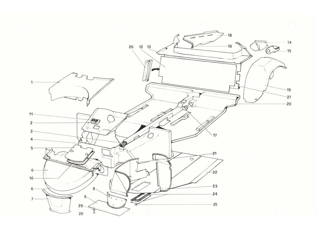 ferrari 208 gtb gts body shell - inner elements part diagram