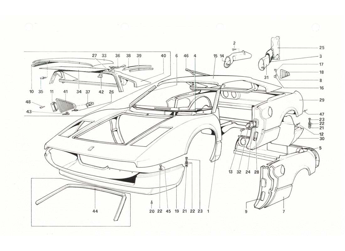 ferrari 208 gtb gts body shell - outer elements part diagram