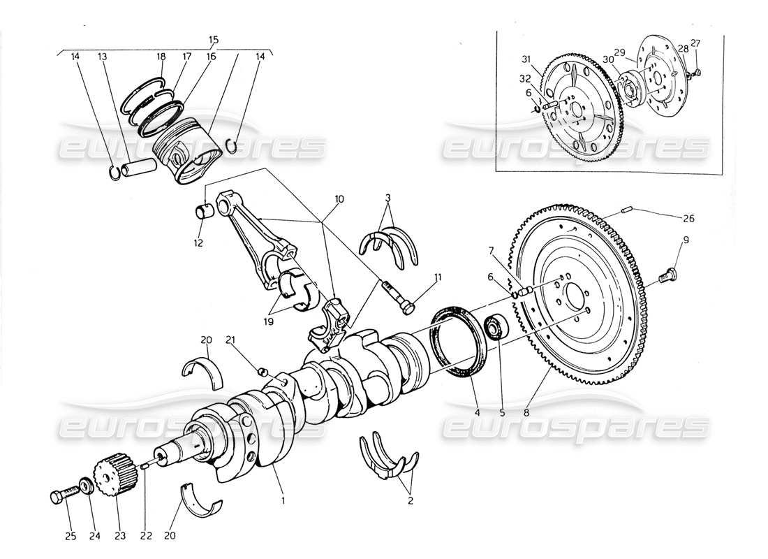 maserati 228 crankshaft - pistons - connecting rods and flywheel part diagram