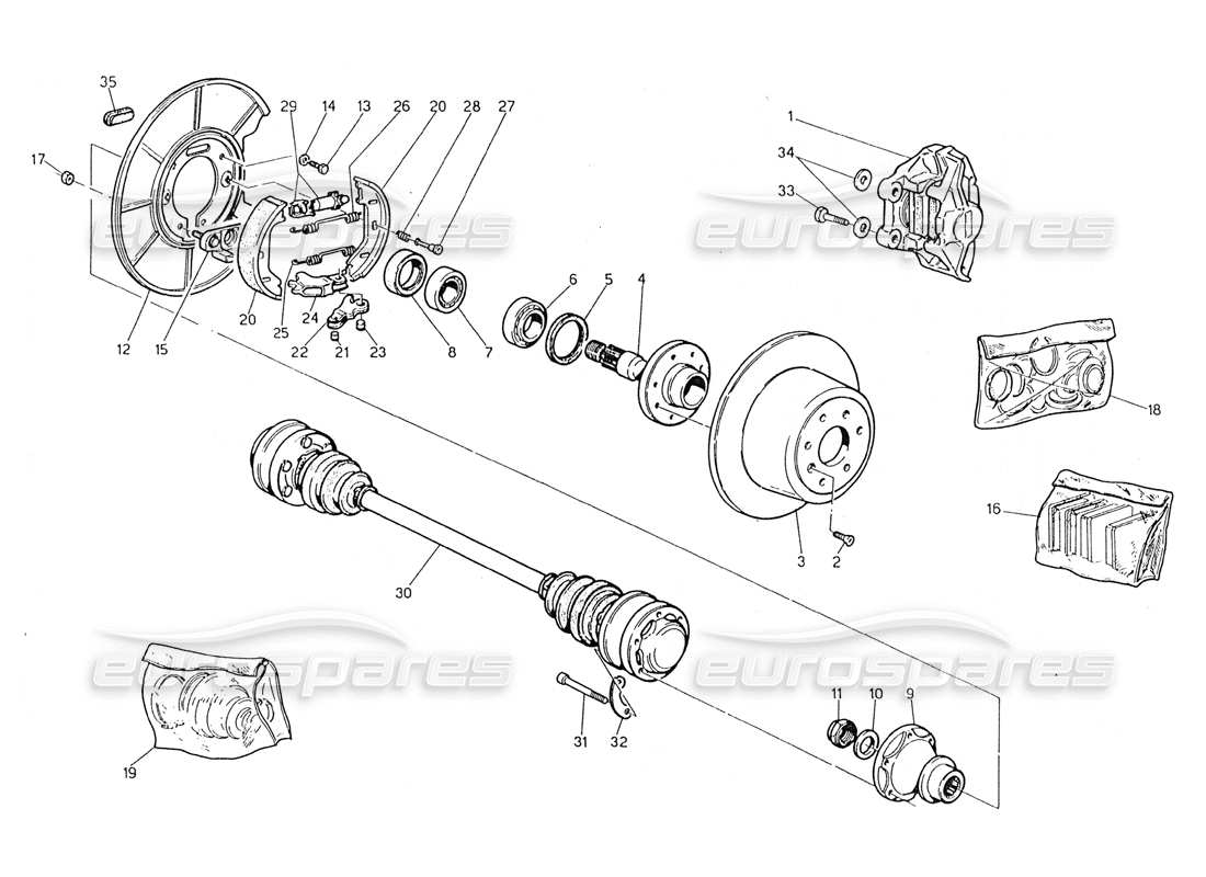 maserati 228 hubs, rear brakes and drive shafts part diagram