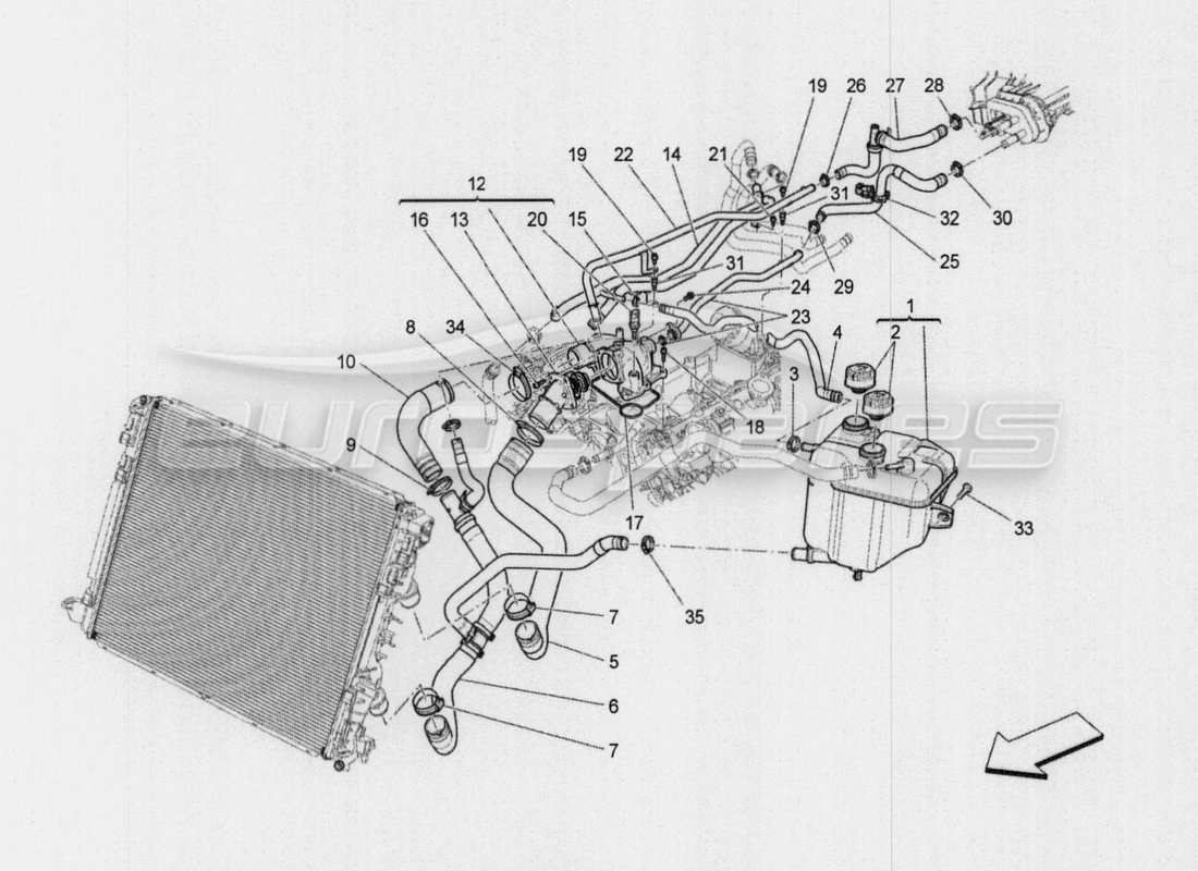 maserati qtp. v8 3.8 530bhp auto 2015 cooling system: nourice and lines part diagram