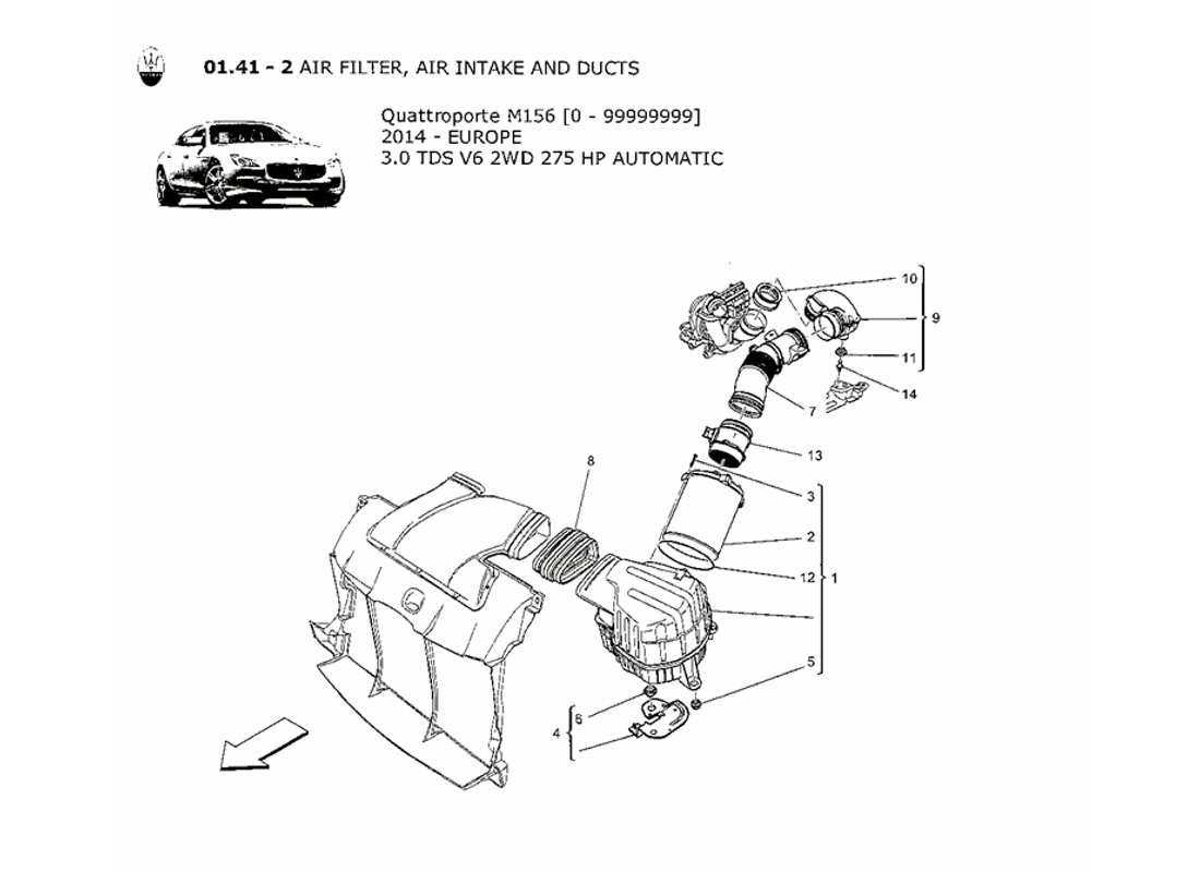 maserati qtp. v6 3.0 tds 275bhp 2014 air filter, air intake and ducts part diagram