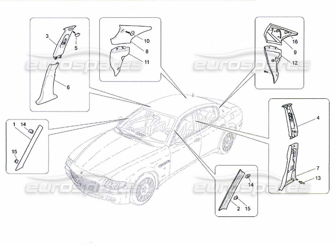 maserati qtp. (2010) 4.7 passenger compartment b pillar trim panels and side panels part diagram