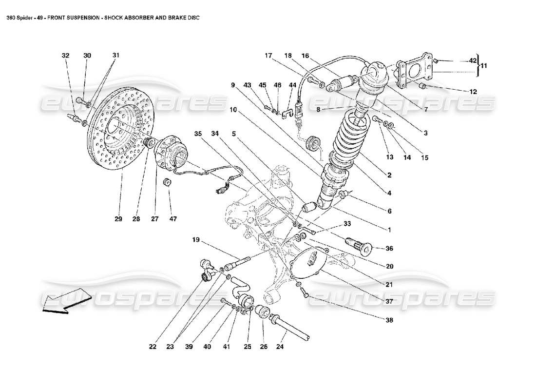 ferrari 360 spider front suspension - shock absorber and brake disc part diagram