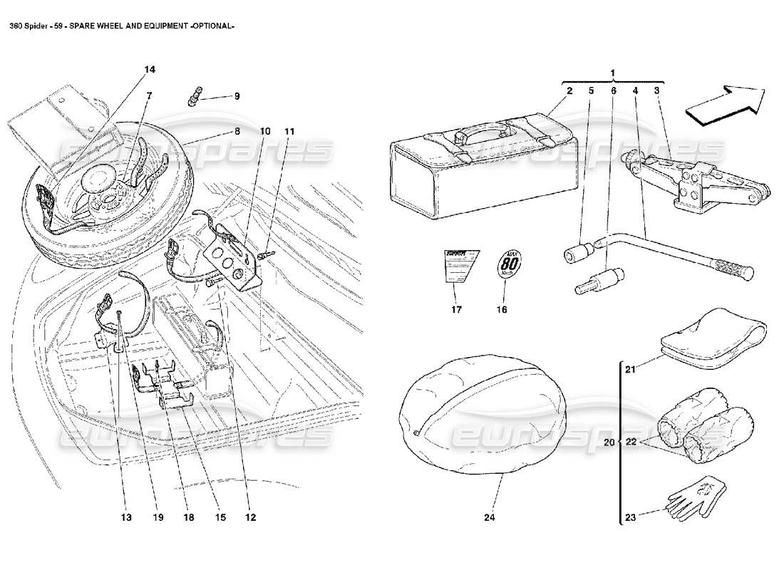 ferrari 360 spider spare wheel and equipment part diagram