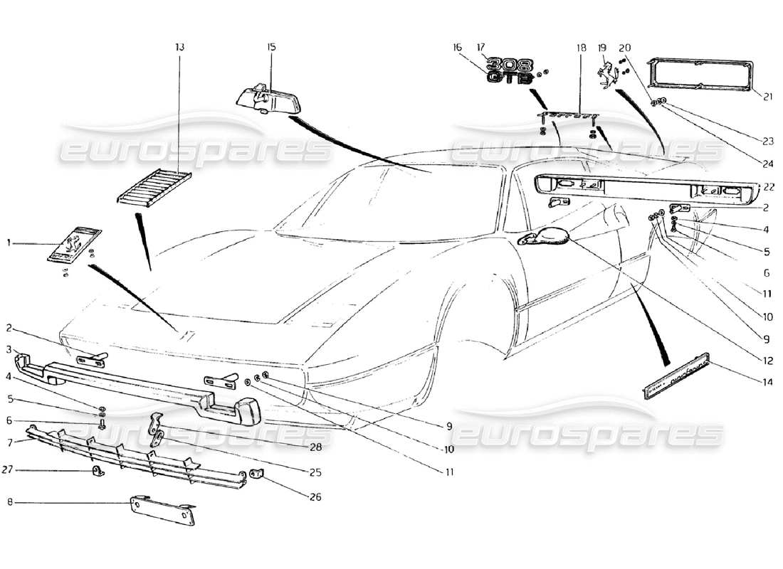 ferrari 308 gtb (1976) bumpers and mouldings (valid for rhd - aus versions) part diagram