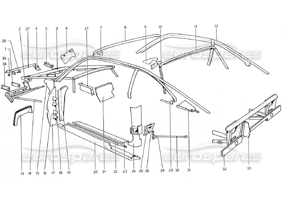 ferrari 308 gtb (1976) body shell - inner elements (valid for rhd - aus versions) part diagram