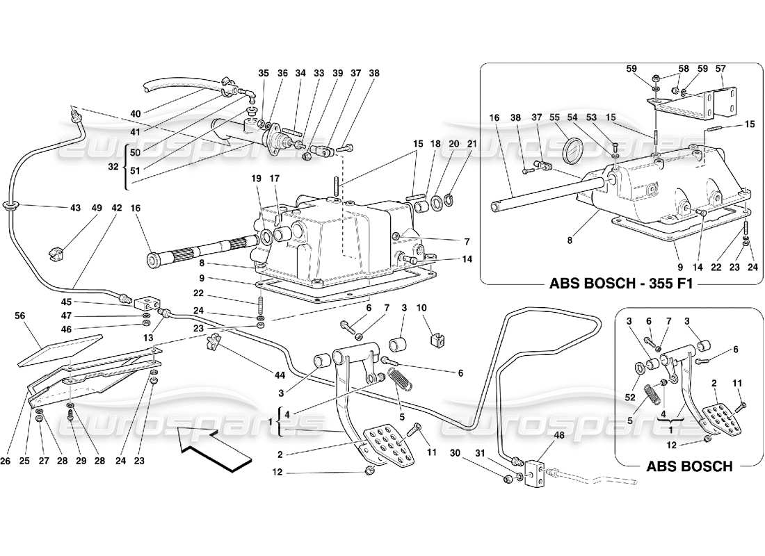 ferrari 355 (5.2 motronic) clutch release control and pedal support part diagram