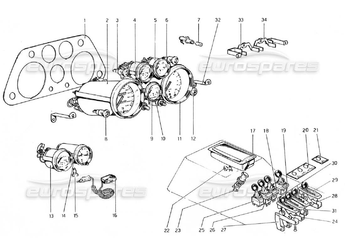 ferrari 308 gtb (1976) instruments and accessories (valid for rhd - aus versions) part diagram