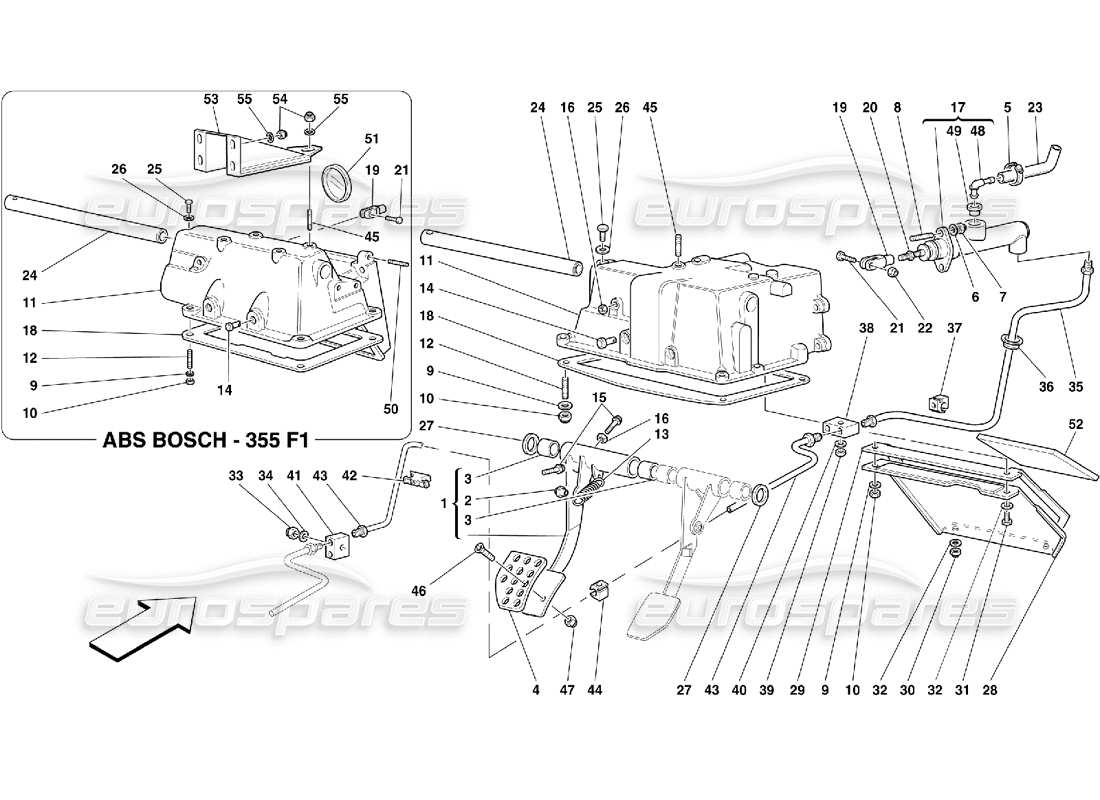 ferrari 355 (5.2 motronic) clutch release control and pedal support part diagram