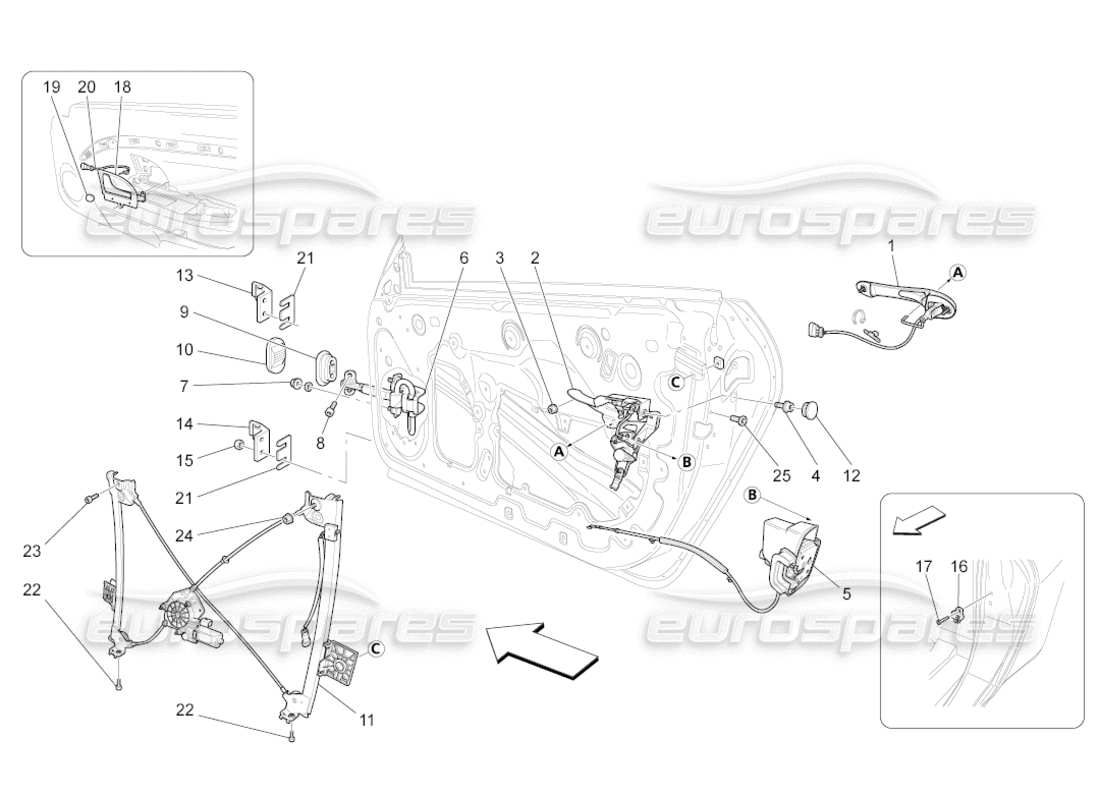 maserati grancabrio (2011) 4.7 front doors: mechanisms part diagram