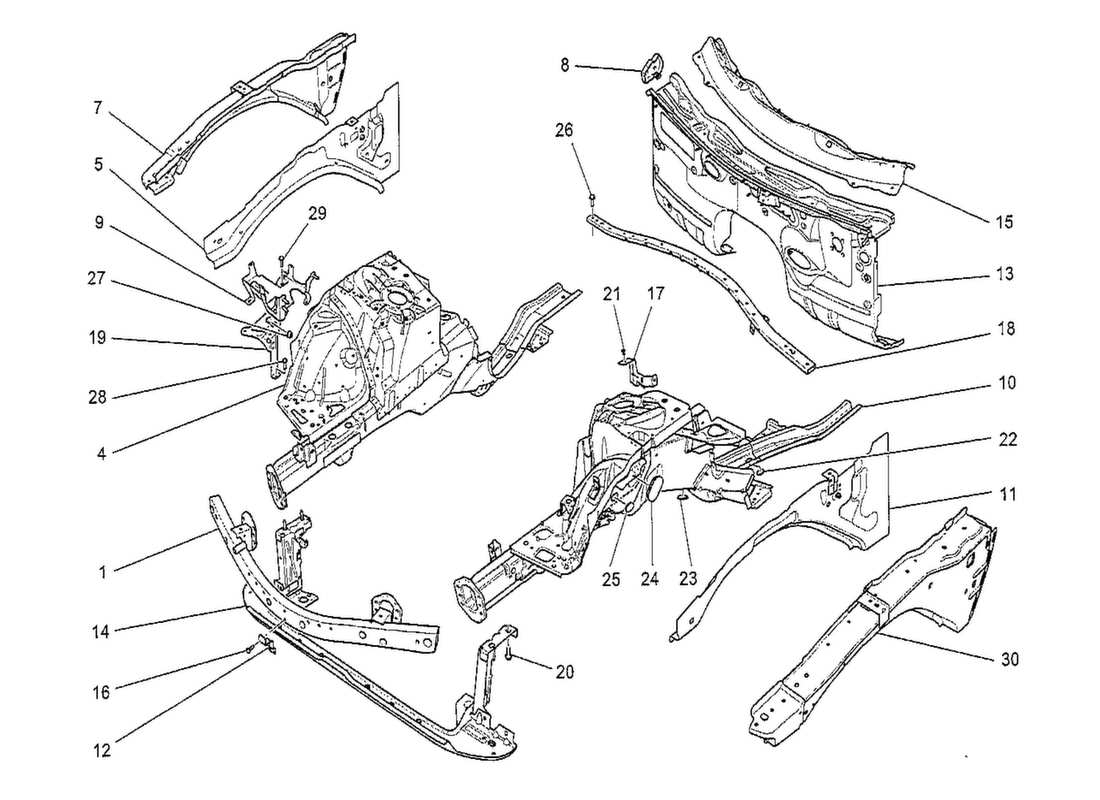 maserati qtp. v8 3.8 530bhp 2014 front structural frames and sheet panels part diagram