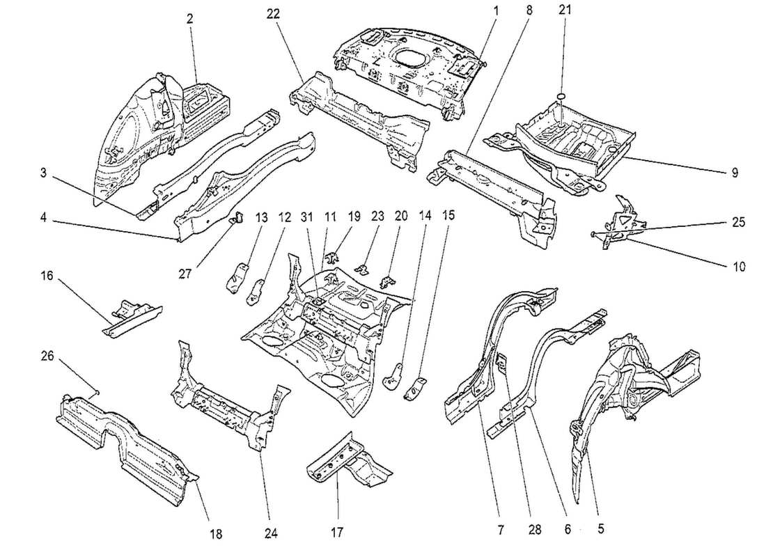 maserati qtp. v8 3.8 530bhp 2014 rear structural frames and sheet panels part diagram