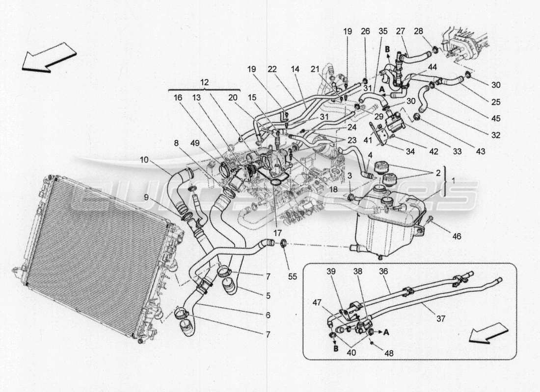 maserati qtp. v8 3.8 530bhp 2014 auto cooling: nourice and lines part diagram