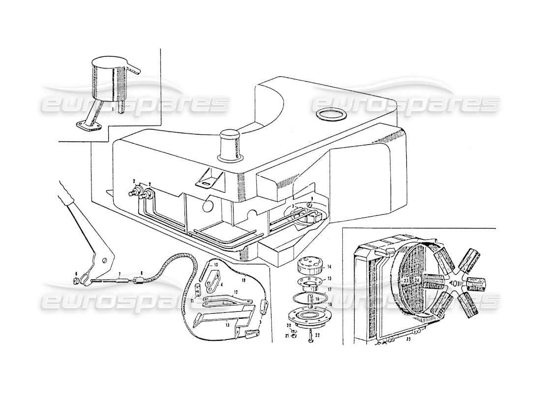 maserati 3500 gt fuel tank, handbrake, water radiator part diagram