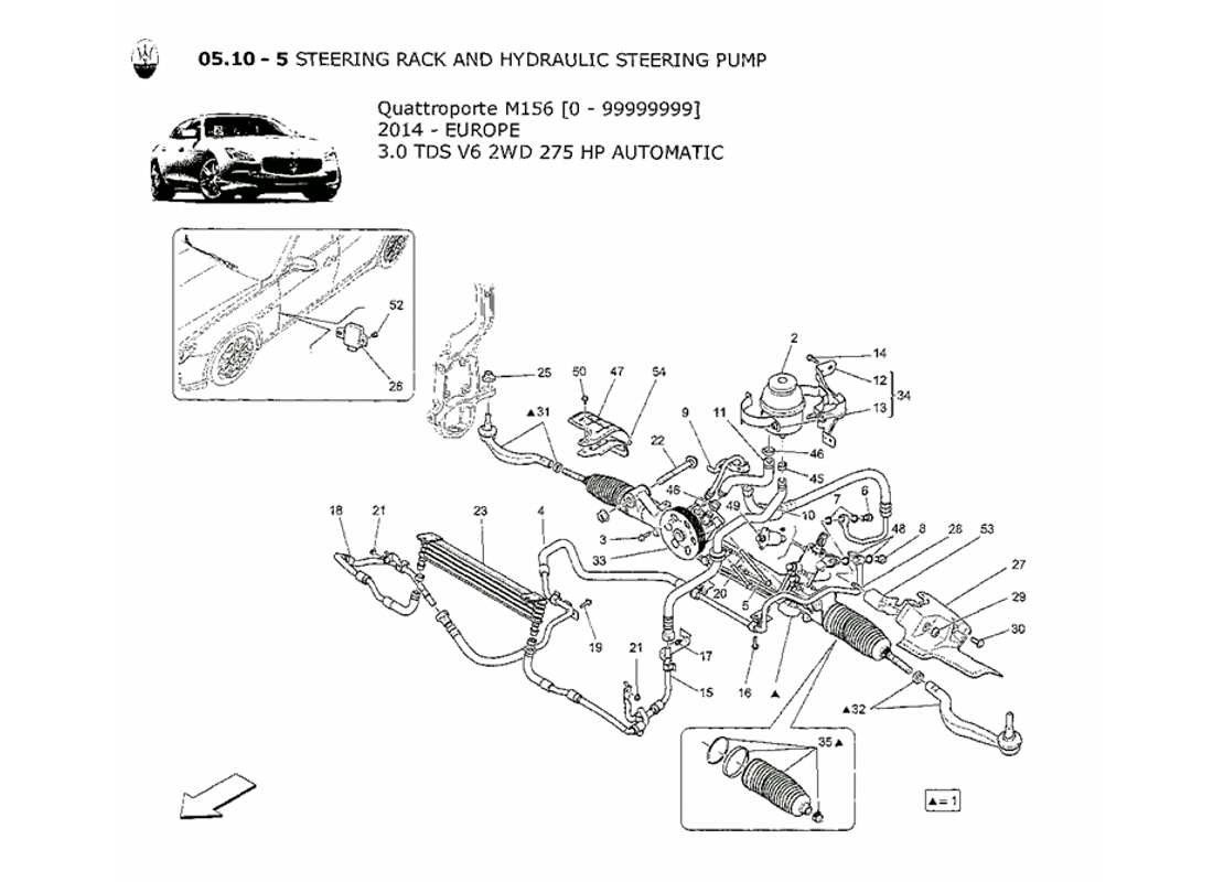 maserati qtp. v6 3.0 tds 275bhp 2014 steering rack and hydraulic steering pump part diagram