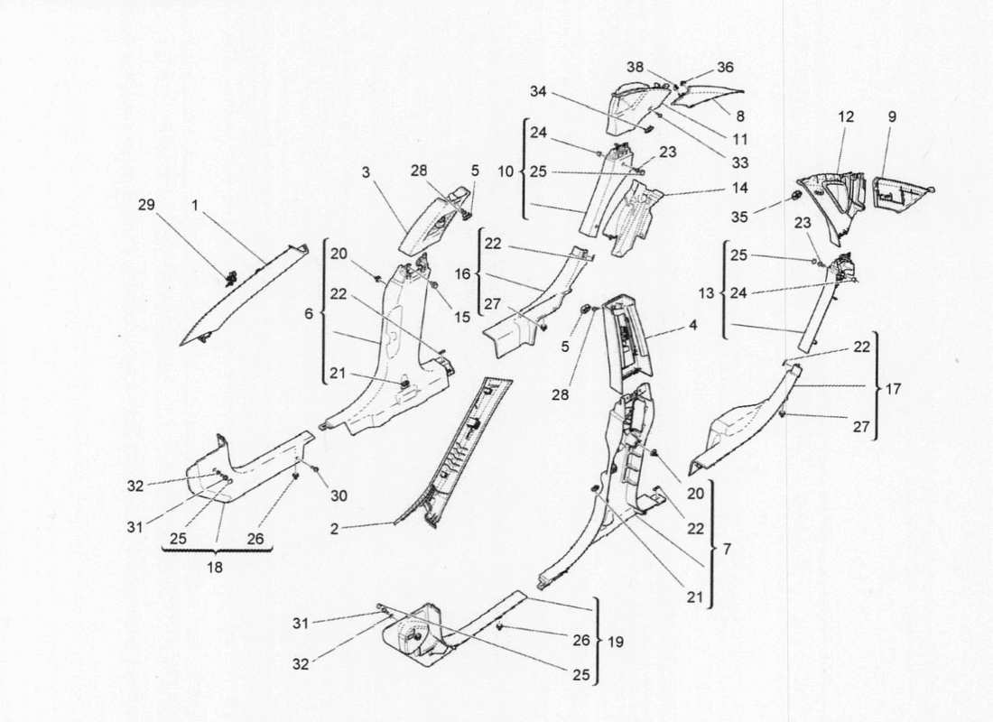 maserati qtp. v6 3.0 bt 410bhp 2015 passenger compartment pillar trim and side panels part diagram