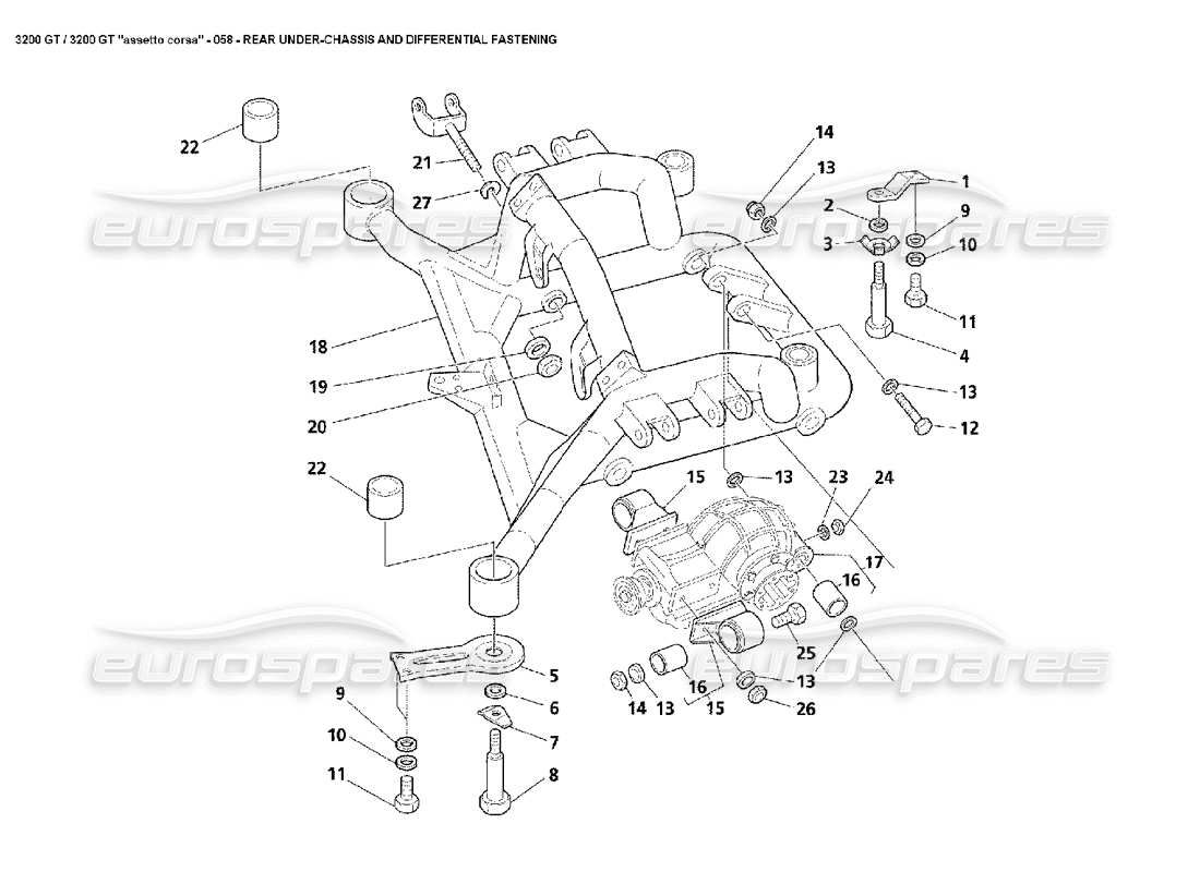 maserati 3200 gt/gta/assetto corsa rear under-chassis & differential fastening part diagram