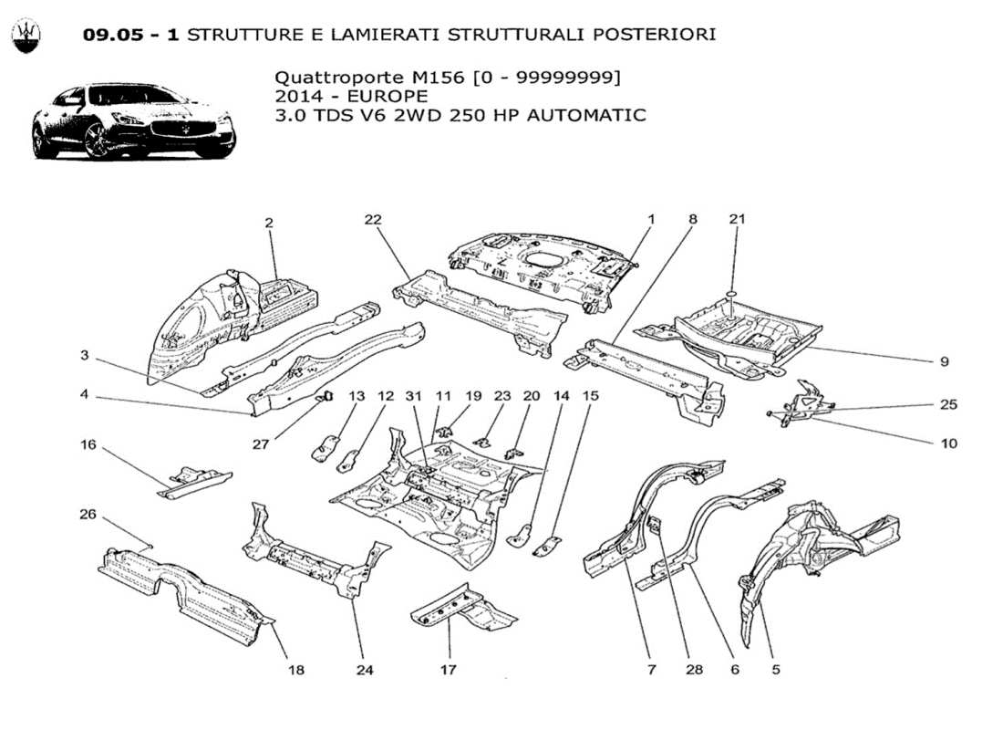 maserati qtp. v6 3.0 tds 250bhp 2014 rear structural frames and sheet panels part diagram