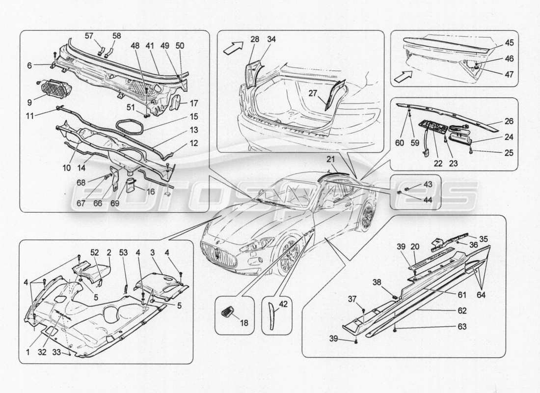 maserati granturismo special edition shields, trims and covering panels part diagram