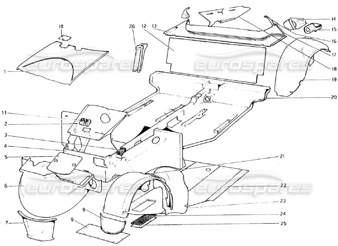 ferrari 308 gtb (1976) body shell - inner elements (valid for rhd - aus versions) part diagram