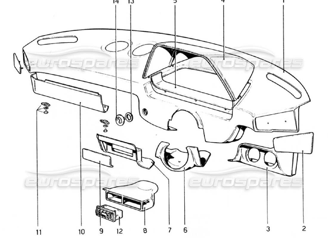 ferrari 308 gtb (1976) instrument panel (valid for rhd - aus versions) part diagram