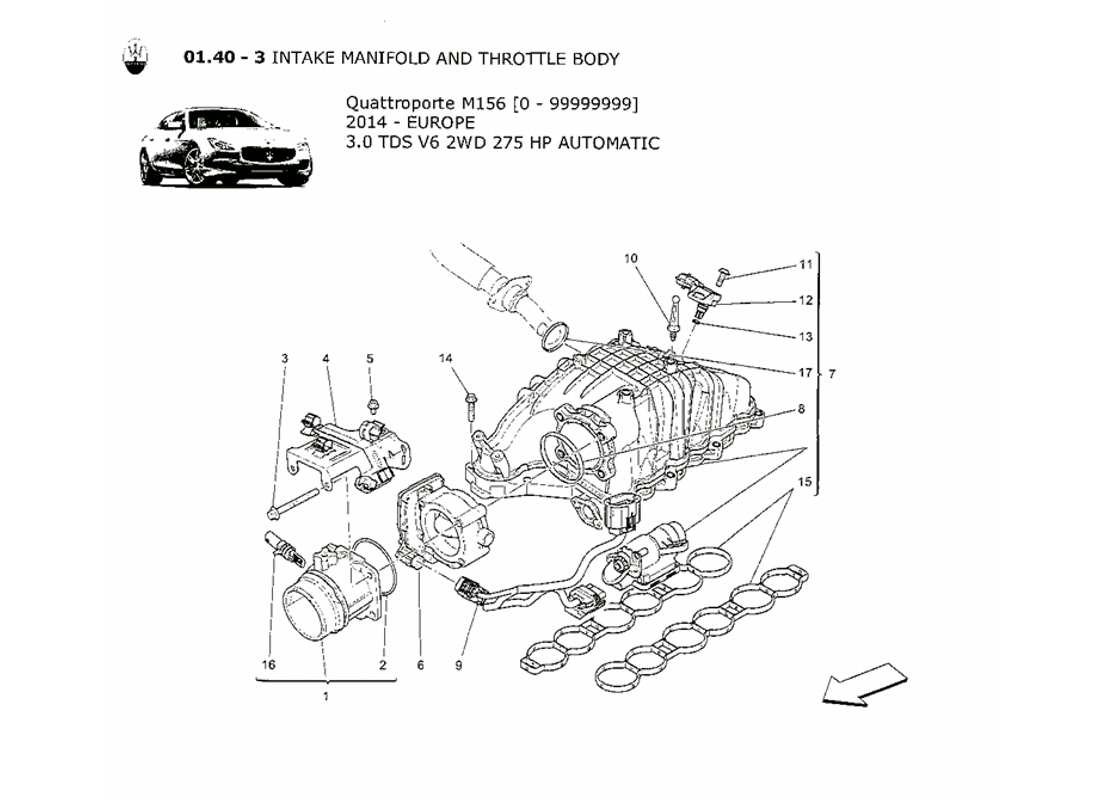 maserati qtp. v6 3.0 tds 275bhp 2014 intake manifold and throttle body part diagram