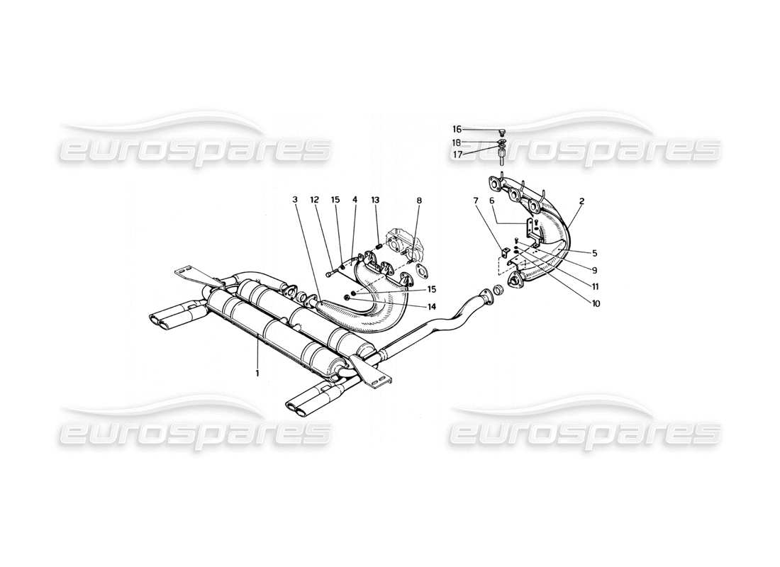 ferrari 246 dino (1975) exhaust system (variants for usa versions) part diagram